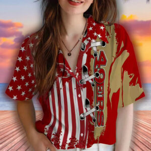 49ers Red Hawaiian Shirt with Stitched Flag Design 4