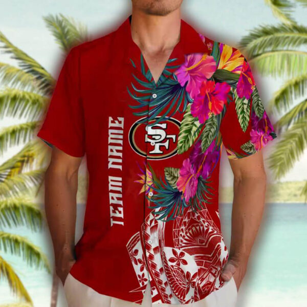 San Francisco 49ers Floral Hawaiian Shirt Red Polynesian Design 2