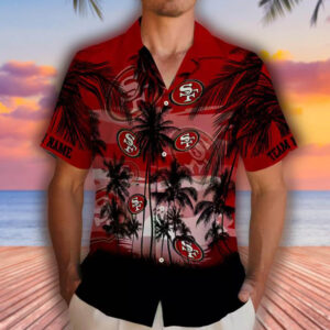 San Francisco 49ers Hawaiian Shirt Personalized Sunset Scene Red Black 2