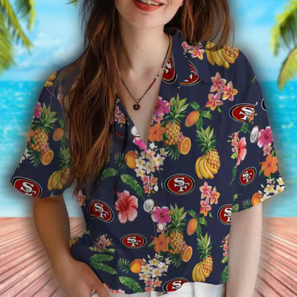 San Francisco 49ers Navy Hawaiian Shirt with Hibiscus Fruit Design 4