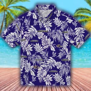 Baltimore Ravens Hawaiian Shirt Tropical Leaf Purple White Design 1