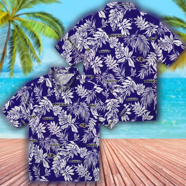 Baltimore Ravens Hawaiian Shirt Tropical Leaf Purple White Design 3