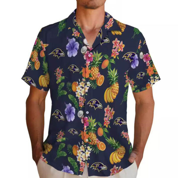 Baltimore Ravens Navy Blue Hawaiian Shirt with Hibiscus Fruit Design 2