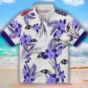 Baltimore Ravens Patriotic Hibiscus Hawaiian Shirt Purple White 1