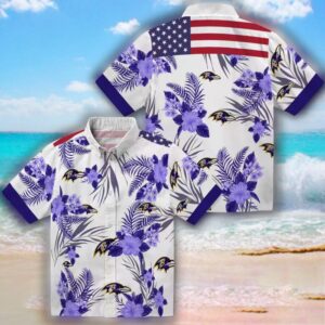 Baltimore Ravens Patriotic Hibiscus Hawaiian Shirt Purple White 3