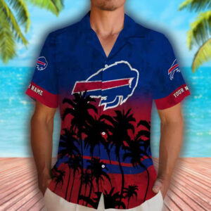 Buffalo Bills Hawaiian Shirt Blue Black Sunset Pattern Personalized Design 2