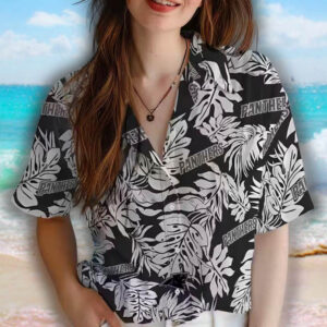 Carolina Panthers Black Hawaiian Shirt Monstera Leaf Design 4