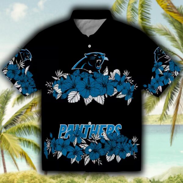 Carolina Panthers Hawaiian Shirt Blue Black Hibiscus Stripe Design 1