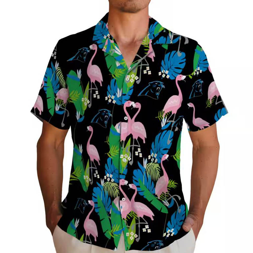 Carolina Panthers Hawaiian Shirt Blue Green Flamingo Foliage Design Carolina Panthers Hawaiian Shirt Blue Green Flamingo Foliage Design