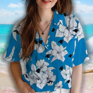 Carolina Panthers Hawaiian Shirt Blue White Hibiscus Design 4