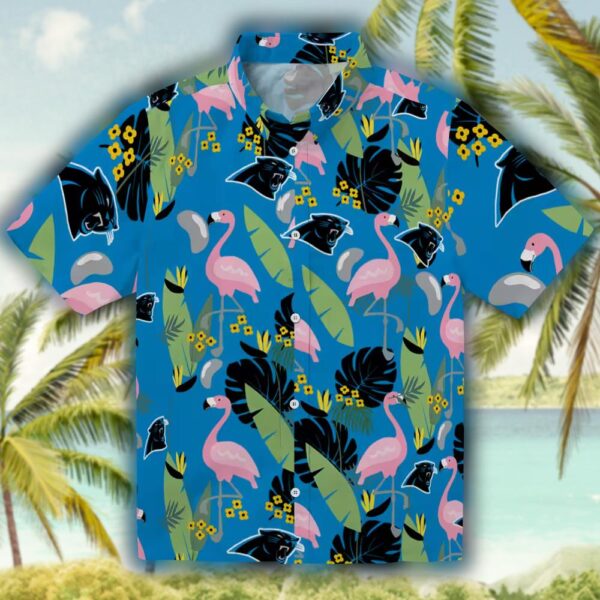 Carolina Panthers Hawaiian Shirt Flamingo Leaves Blue Design 1