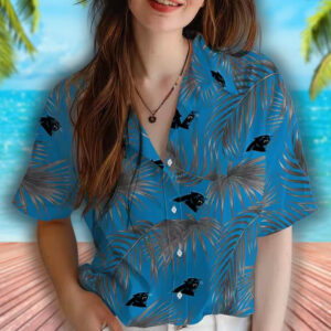Carolina Panthers Hawaiian Shirt Leafy Palms Blue Design 4