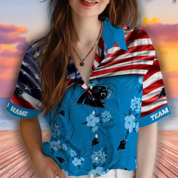 Carolina Panthers Hawaiian Shirt US Flag Hibiscus Blue Custom Design 4