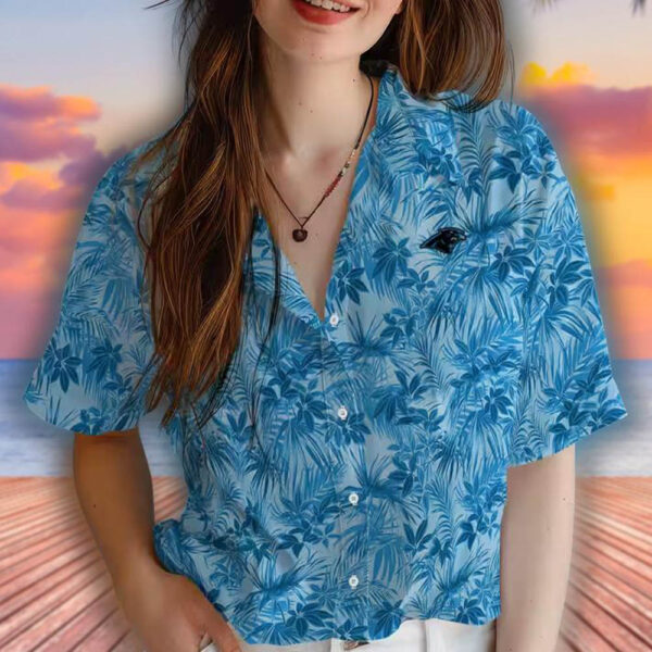 Carolina Panthers Hawaiian Shirt with Leafy Pattern in Blue 4
