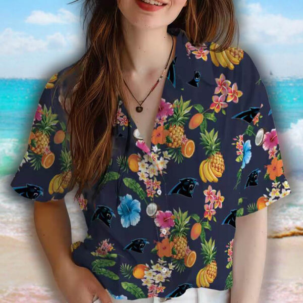 Carolina Panthers Navy Blue Hawaiian Shirt with Hibiscus Fruit Design 4