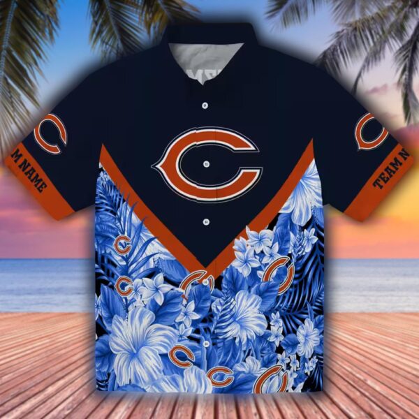 Chicago Bears Floral Blue Hawaiian Shirt Custom Chevron Design 1