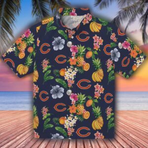Chicago Bears Hawaiian Shirt Navy Blue Hibiscus Fruit Design 1