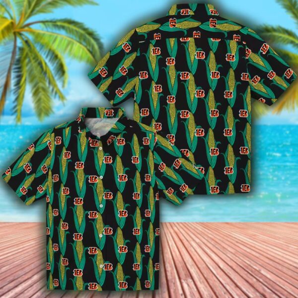 Cincinnati Bengals Black Green Hawaiian Shirt with Corn Motifs 3