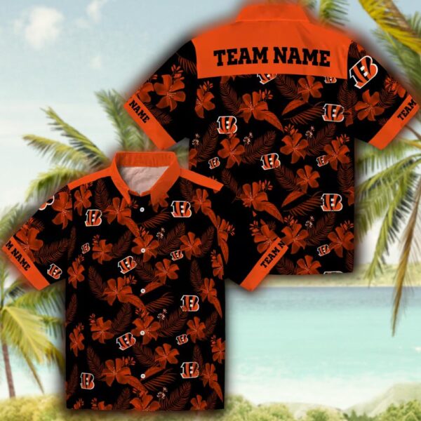 Cincinnati Bengals Black Hawaiian Shirt with Botanical Print Personalization 3