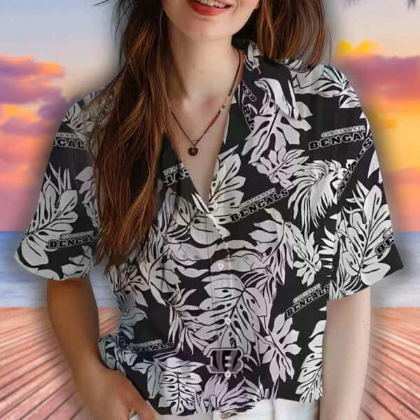 Cincinnati Bengals Black Hawaiian Shirt with Monstera Leaf Design 4