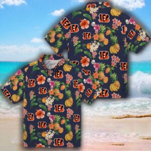 Cincinnati Bengals Hawaiian Shirt Navy Blue Hibiscus Fruit Design 3