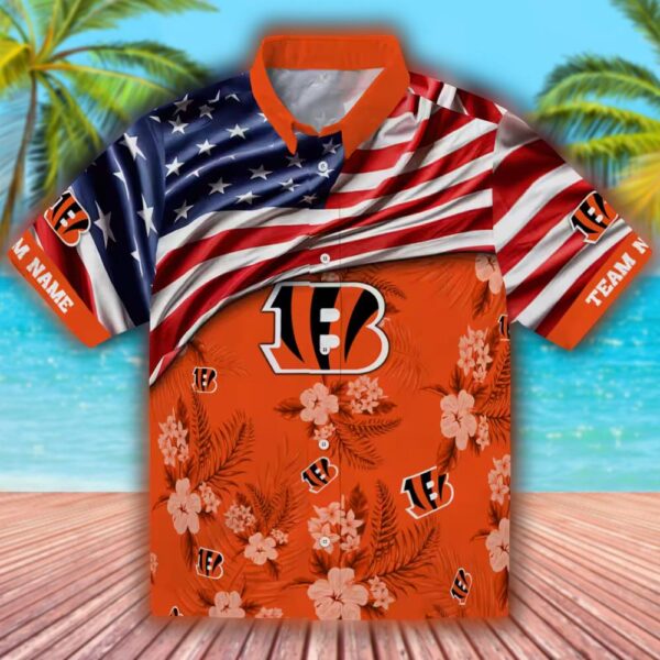 Cincinnati Bengals Hawaiian Shirt Orange Hibiscus US Flag Design 1