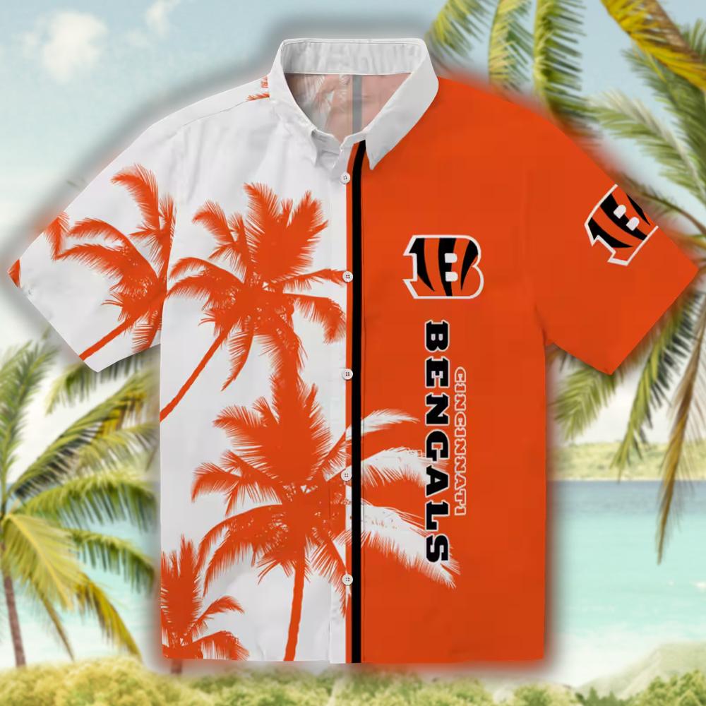 Cincinnati Bengals Hawaiian Shirt Orange White Palm Trees Design Cincinnati Bengals Hawaiian Shirt Orange White Palm Trees Design