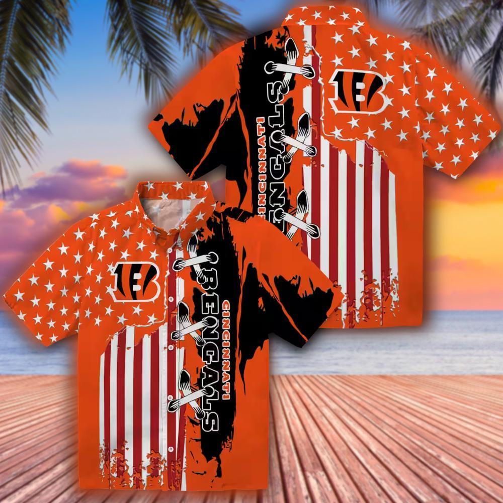 Cincinnati Bengals Orange Hawaiian Shirt with Stitched Flag Cincinnati Bengals Orange Hawaiian Shirt with Stitched Flag