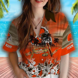 Cleveland Browns Custom Tropical Hawaiian Shirt Brown Canoe Design 4