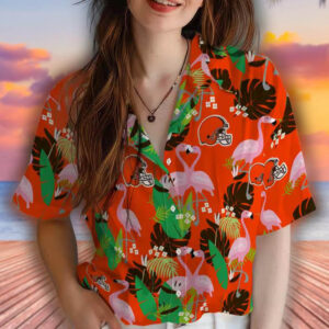 Cleveland Browns Flamingo Hawaiian Shirt Brown Green Foliage Design 4
