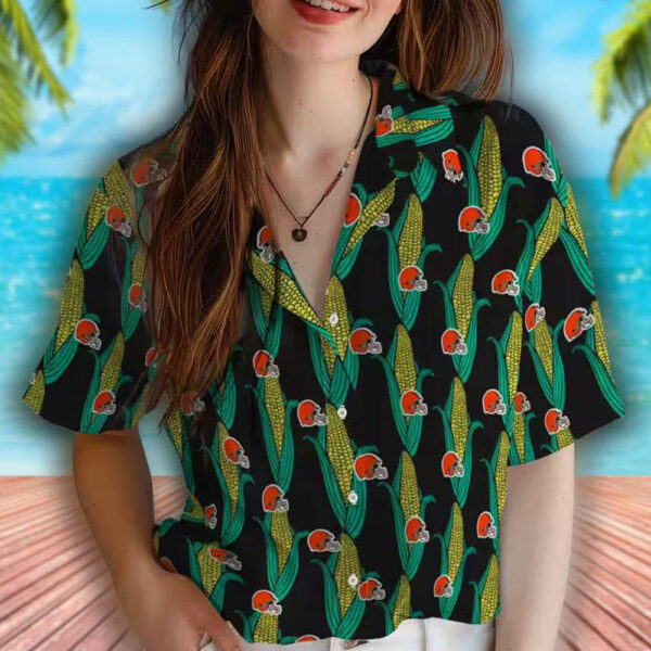 Cleveland Browns Hawaiian Shirt Black Green Corn Motif Design 4