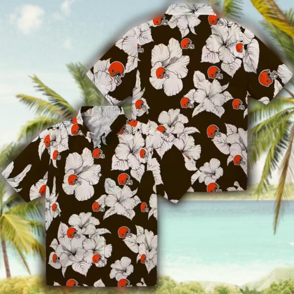 Cleveland Browns Hawaiian Shirt Hibiscus Blooms Brown White Design 3