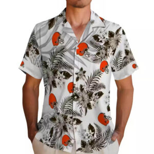 Cleveland Browns Hawaiian Shirt Hibiscus Palm Leaves Brown White 2