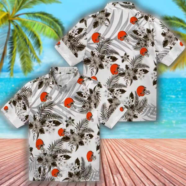 Cleveland Browns Hawaiian Shirt Hibiscus Palm Leaves Brown White 3