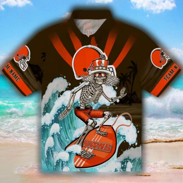 Cleveland Browns Surfing Skeleton Hawaiian Shirt Brown Blue Personalized 1