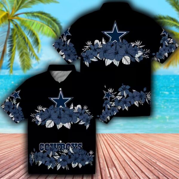 Dallas Cowboys Hawaiian Shirt Blue Black Hibiscus Stripe Design 3