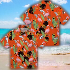 Denver Broncos Orange Hawaiian Shirt with Flamingo Leaves Design 3