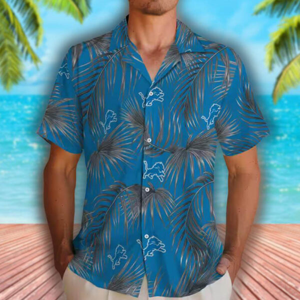 Detroit Lions Blue Hawaiian Shirt with Leafy Palms Design 2