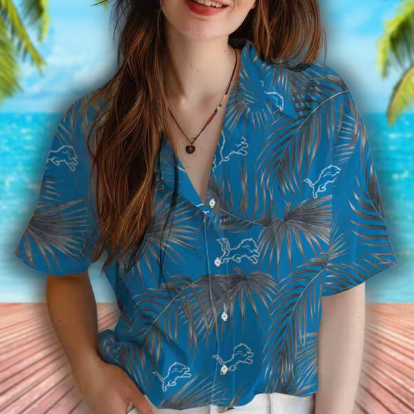 Detroit Lions Blue Hawaiian Shirt with Leafy Palms Design 4