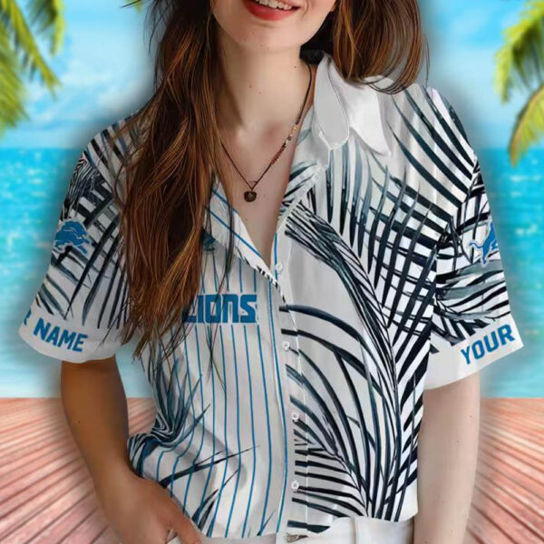 Detroit Lions Hawaiian Shirt Blue Black White Palm Stripes Design 4