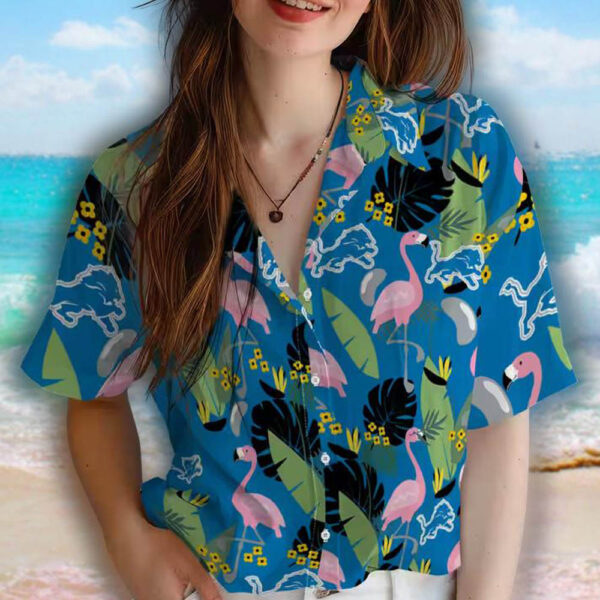Detroit Lions Hawaiian Shirt Flamingo Leaves Blue Design 4