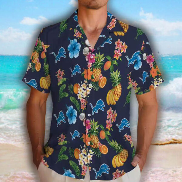 Detroit Lions Hawaiian Shirt Navy Blue Hibiscus Fruit Design 2