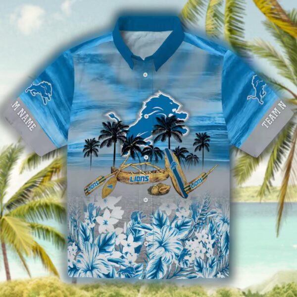 Detroit Lions Hawaiian Shirt Tropical Canoe Blue Personalized Design 1