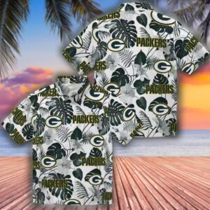 Green Bay Packers Hawaiian Shirt Green White Tropical Plants Design 3
