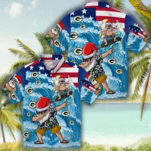 Green Bay Packers Hawaiian Shirt Surfing Santa Blue Design 3