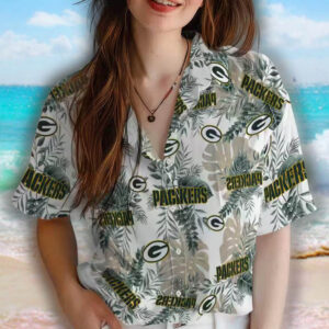 Green Bay Packers Hawaiian Shirt Tropical Leaves White Design 4