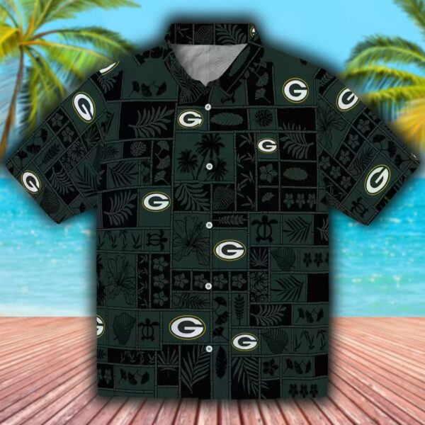 Green Bay Packers Hawaiian Shirt Tropical Patchwork Green Black Design 1