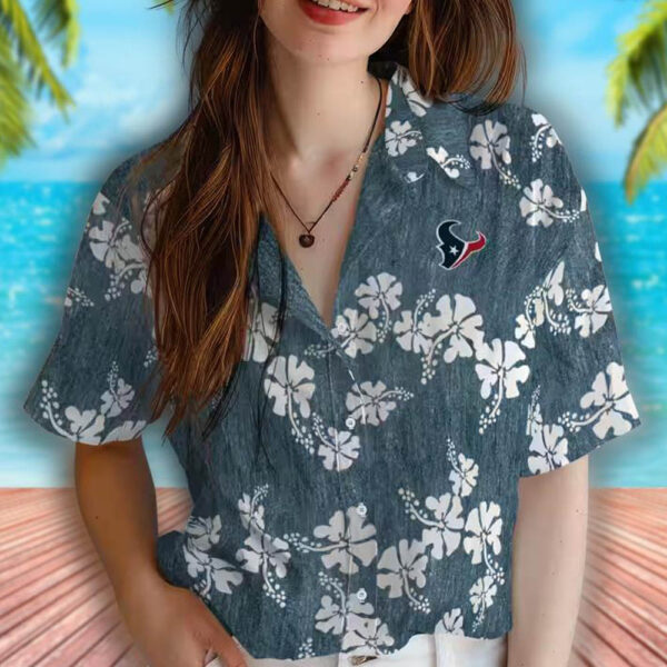 Houston Texans Blue Hawaiian Shirt with Hibiscus Clusters Design 4