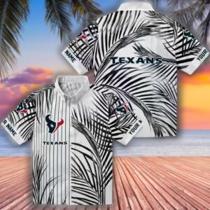 Houston Texans Hawaiian Shirt Blue Black White Palm Stripes Design 3