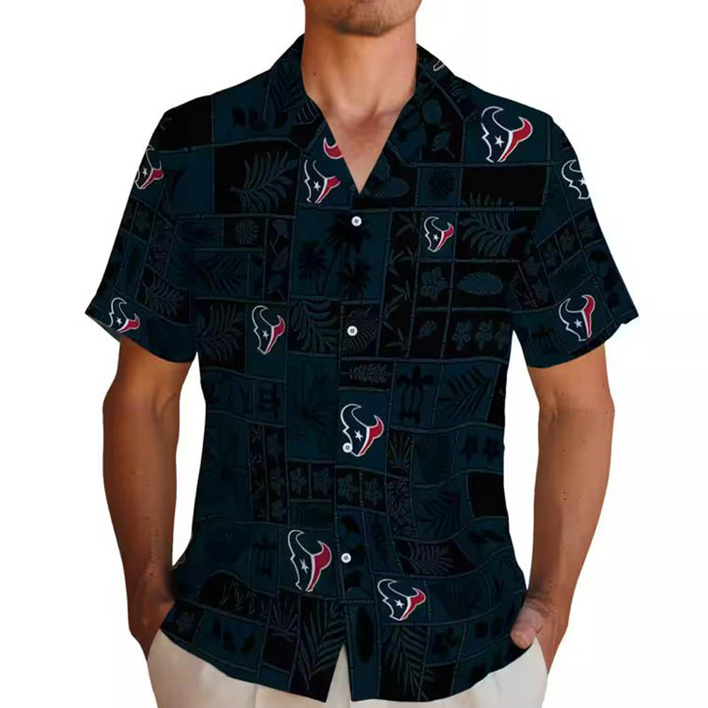Houston Texans Hawaiian Shirt Tropical Patchwork Blue Black Design Houston Texans Hawaiian Shirt Tropical Patchwork Blue Black Design